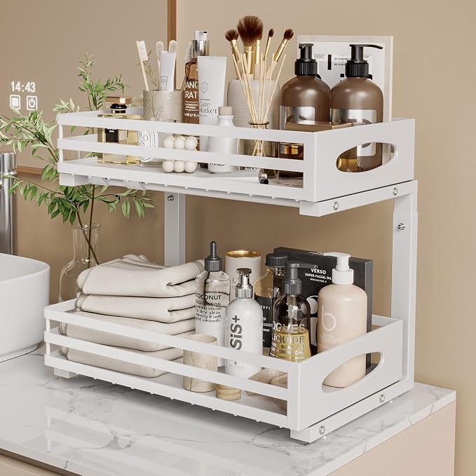 Under Sink Organizer, 2 Tier Under Sink Organizers and Storage, Adjustable Height, Slide out Metal Cabinet Organizers, Pull out Cabinet Storage Drawer Shelf for Kitchen Bathroom (White, 1 Pack)
