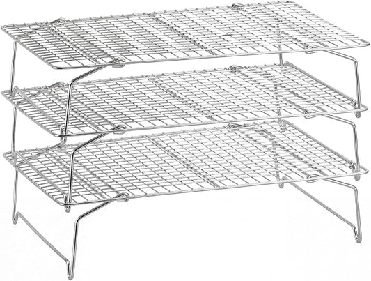 P&P CHEF 3 Tier Stackable Cooling Racks for Cooking and Baking, 15" x 10" | Stainless Steel Stackable Grid Cooling Rack for Cooling Roasting Grilling, Collapsible & Heavy Duty, Oven & Dishwasher Safe