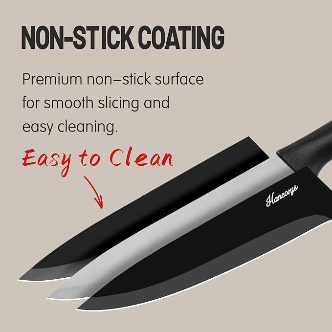 Knife Sets for Kitchen with Block, 15 Pieces Chef Knife Set with Self Sharpening, Stainless Steel Nonstick Ceramic Anti-Rust Coating Blades, Ergonomic Handle, Black Grey