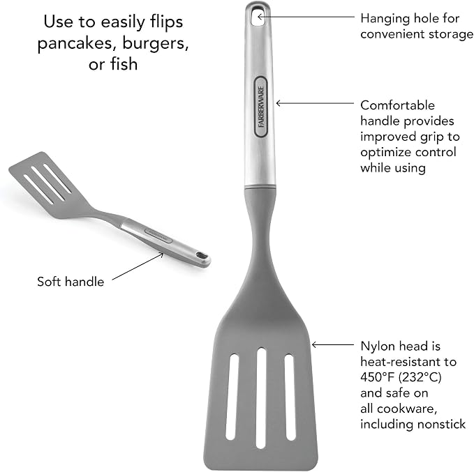Farberware Slotted Turner Spatula for Nonstick Cookware, Heat-Resistant Nylon Flip Spatula with Ergonomic Handle, Dishwasher Safe, 13.5 Inches