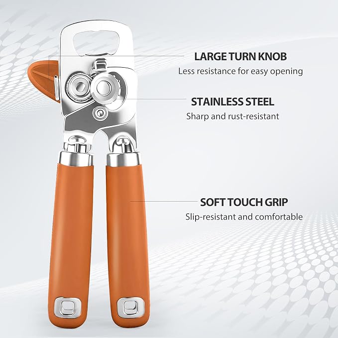 Safring Can Opener Manual, Heavy Duty Stainless Steel Smooth Edge Can Opener With Soft Touch Handle, Oversized Handheld Easy Turn Knob, Multi-Function Bottle Opener, Orange