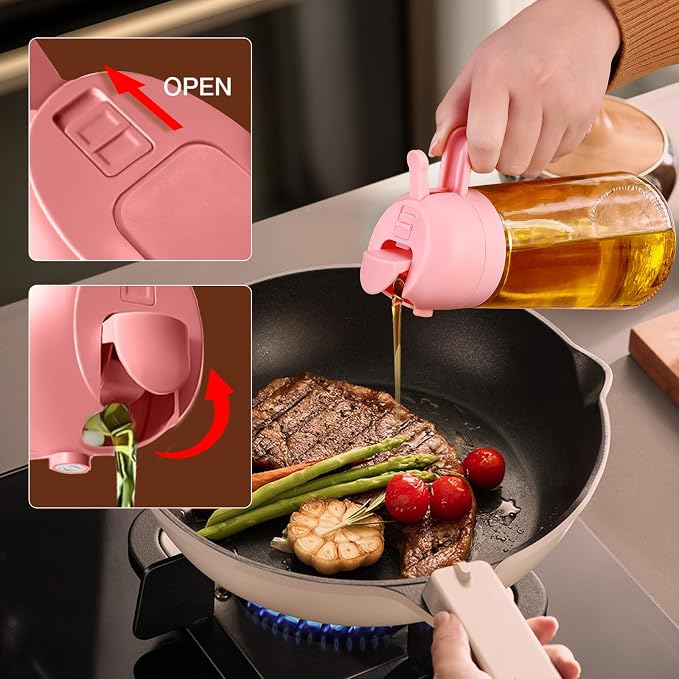 YARRAMATE 16 oz 2-in-1 Glass Olive Oil Sprayer for Cooking, Pink | Food-grade dispenser bottle, 470 ml, spray and pour, portion control, stickers included, for salad, frying and BBQ