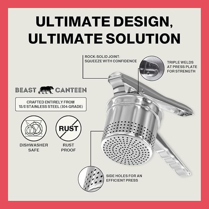 Potato Ricer - Ricer for Mashed Potatoes, Made of 18/8 Stainless Steel, Make Fluffy Smooth Mashed Potatoes & Rice Cauliflower, Vegetables, Professional Kitchen Tool, Press, Large Masher