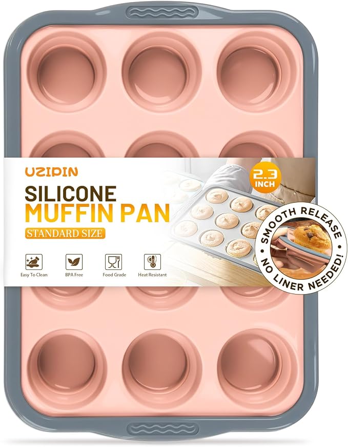 Silicone Muffin Pan, 12 Cups Non-Stick Cupcake Pan, Food-Grade BPA-Free Muffin Tin, Oven-Safe 450 °F, Reinforced Steel Frame, Easy-Grab Handles, Quick-Release 2.3" Baking Molds for Mini Treats