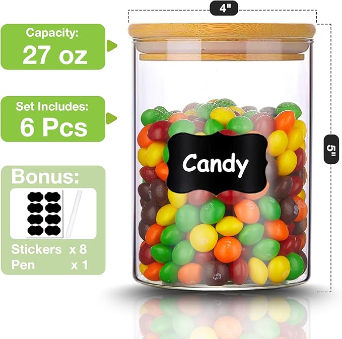 Gencywe Glass Storage Jars with Airtight Bamboo Lid, 27 OZ Food Storage Jar with Labels, Airtight Glass Canisters, Clear Kitchen Container for Candy, Cookie, Rice, Coffee Beans, Snacks, Spices