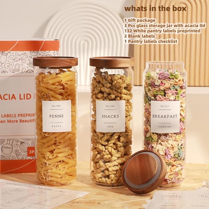 3 Pack Glass Canisters with Airtight Acacia Lids and 132 Kitchen Pantey Labels Preprint - 45 Fl Oz Borosilicate Glass Pantry Storage Jars Containers with Wooden Lids for Tea,Sugar,Cookie,Coffee,Nuts
