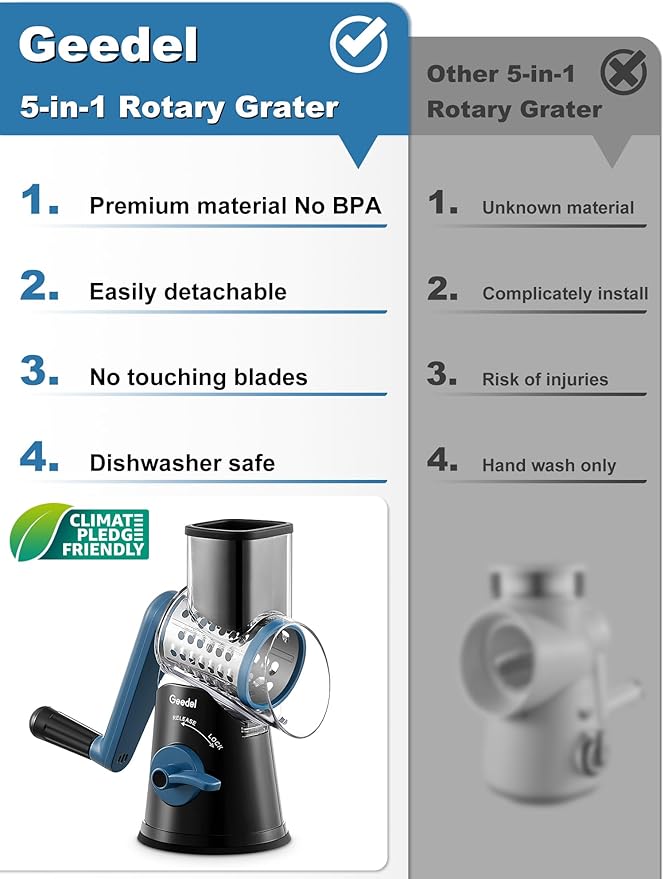 Geedel Rotary Cheese Grater Cheese Shredder - Upgraded 5-in-1 Cheese Grater with Handle and Strong Suction Base, Multi-purpose Vegetable Slicer Ice Shaver Nuts Grinder for Cheese, Vegetables, Ice