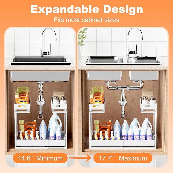 Upgrade 1 Pack Expandable Under Sink Organizer: 2-Tier Pull Out Cabinet with 3 Heavy-Duty Ball-Bearing Slide Rails, Tool-Free Height Adjustable, Slide-Out Drawers for Kitchen, Bathroom, Laundry