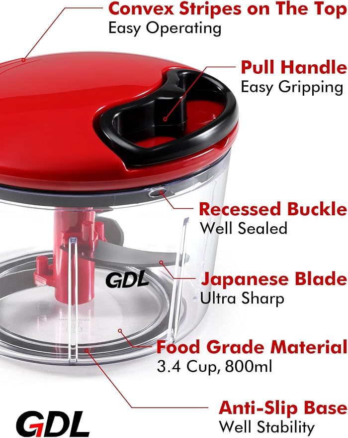 GDL Food Chopper, Pull Onion Chopper Dicer, Hand Powered Food Mincer, Fast Cutting Hand Chopper for Oinon, Garlic, Nut, 3.4 Cups 0.8L, Red
