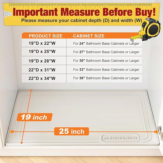Under Sink Mat 25 X 19, Waterproof Silicone Cabinet Kitchen Liner, Beige | BPA-Free Raised-Edge Cabinet Protector & Leak Tray for Bathroom Cabinets, Boots, Pet Feeding Dog & Cat Mats, Dishwasher Safe