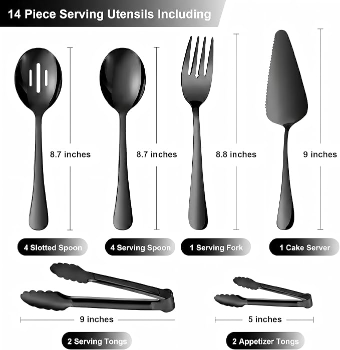 14PCS Serving Utensils - Hostess Serving Utensils Set, Premium Stainless Steel 8.7 inch Serving Utensils, Slotted Spoons, Forks, Tongs, Cake Pie Server for Buffet, Wedding, Dinner (Black)