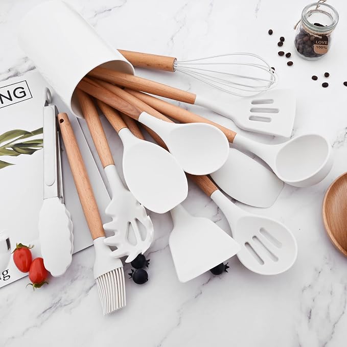 1pc White Silicone Slotted Spoon with Wooden Handle, Heat Resistant Cooking Utensils, Mixing Spoon, Cooking Backing Spoons Set for Stirring, Mixing and Serving
