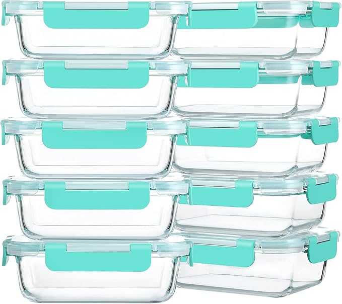 M MCIRCO 10 Pack,22 oz Glass Food Storage Containers with lids, Green | Glass Meal Prep Containers,Airtight Lunch Containers with Lids, Microwave, Oven, Freezer and Dishwasher Friendly, BPA Free