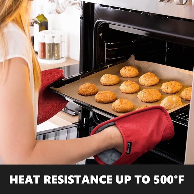 RORECAY 2-Pack Silicone Pot Holders for Kitchen, Hot Pads with Pocket, Red | Heat Resistant up to 500°F, Quilted Cotton Potholders, Non-Slip & Waterproof Trivets for Hot Pots, Pans, and Countertops