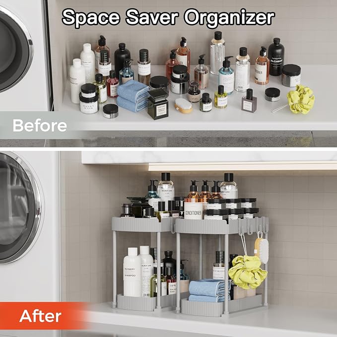 2 Packs Under Sink Pull-Out Storage Organizers, 14.8 Inches, Grey | Multi-Purpose Cabinet Organizers and Storage for Bathroom & Kitchen