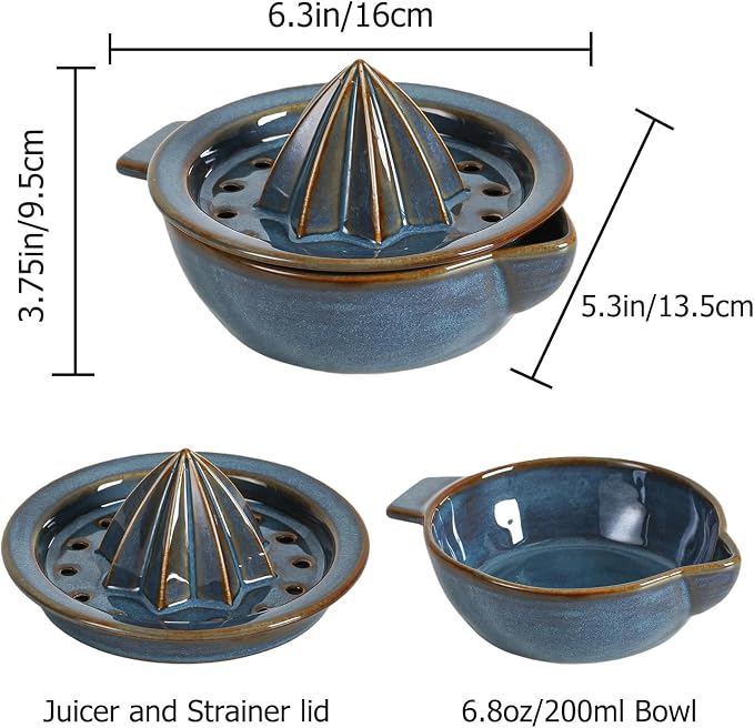 Ceramic Citrus Lemon Orange Juicer Manual Squeezer, Hand Juicer Reamer Rotation Press with 6.8oz Bowl, Strainer Lid, Spout, Handle, Dishwasher Safe, Easy to Clean
