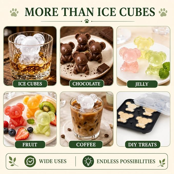 Koala Ice Cube Tray Mold - Cute Fun Whiskey Ice Molds Gifts for Women Men | 3D Koala Shape Cute Ice Molds for Whiskey Bourbon, 4-Hole Large Fun Shapes Funny Gifts, for Animals Lovers Women Men