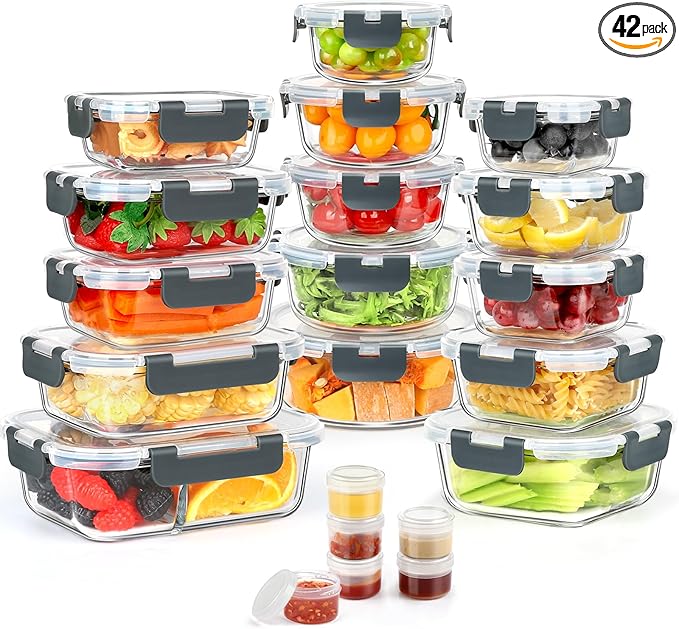 AMALEKO 42pcs Glass Food Storage Containers with Lids Set, 21 Containers & 21 Lids Glass Meal Prep Containers with Snap Locking Lid Set, Leak Proof Lunch Container BPA-Free,Grey