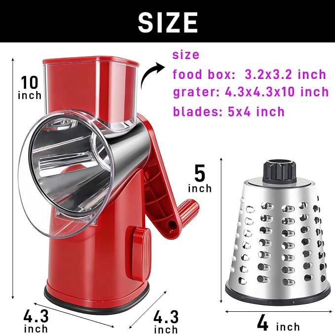 Weltonhm Rotary Cheese Grater with 3 Blades, Large Hand Crank Cheese Grater with Waffle Slicer, Black and White Cheese Slicer with Suction Base, Easier for Shredding& Grating (red, 3 Graters)