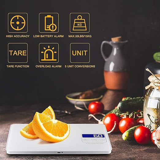 MEGAWISE Food Scale, 33lb Rechargeable Digital Kitchen Scale with 1g/0.04oz Graduation, Water-Resistant Surface, Tare & Hold, 5 Units for Cooking, Baking, Meal Prep