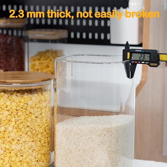 D2scrma 149oz Airtight Glass Square Storage Canister with Bamboo Lid Set of 2(4400ml*2) Large Gallon Glass Jars for Sugar, Flour, Cookies and Coffee beans (‎with Black Lable)