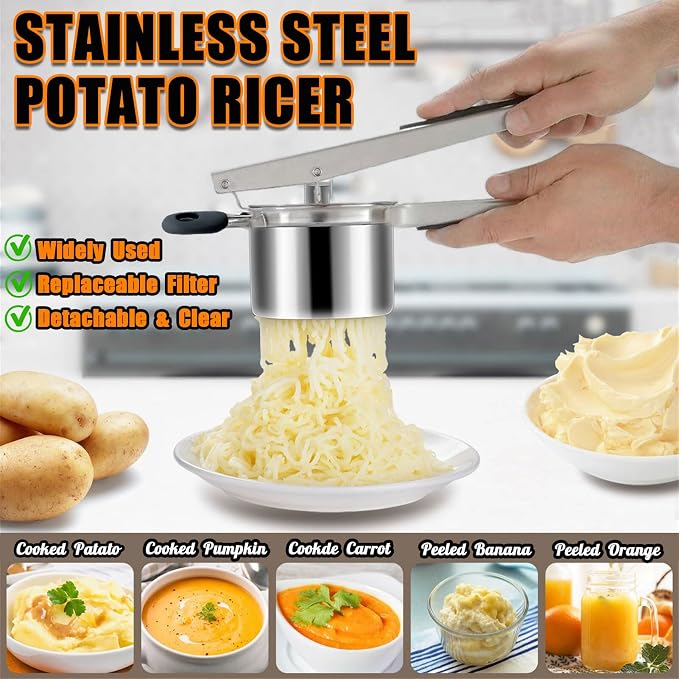 Stainless Steel Potato Ricer 15 oz with 3 Interchangeable Discs - Heavy - Duty and Durable Kitchen Tool for Effortless Mashing