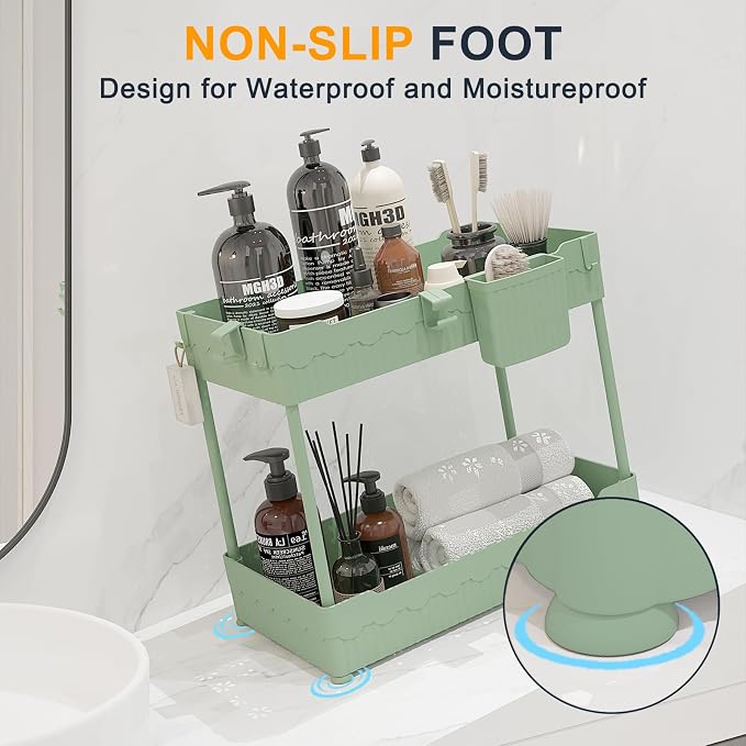 2-Pack Under Sink Organizer with Hooks & Hanging Cup for Kitchen | Multi-use kitchen & bathroom storage, 14.8 inch green cabinet organizer, with hooks and hanging cup for easy access.