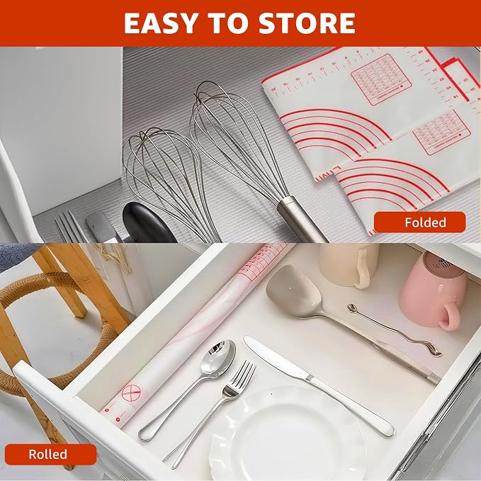Silicone Baking Mat Dough Mat Non-Slip and Reusable Red | 0.7mm NewUpgraded Mat for Rolling Out Dough, Non Stick Silicone Mats with Measurements for Cookies, Macaroon, Bread, Pastry
