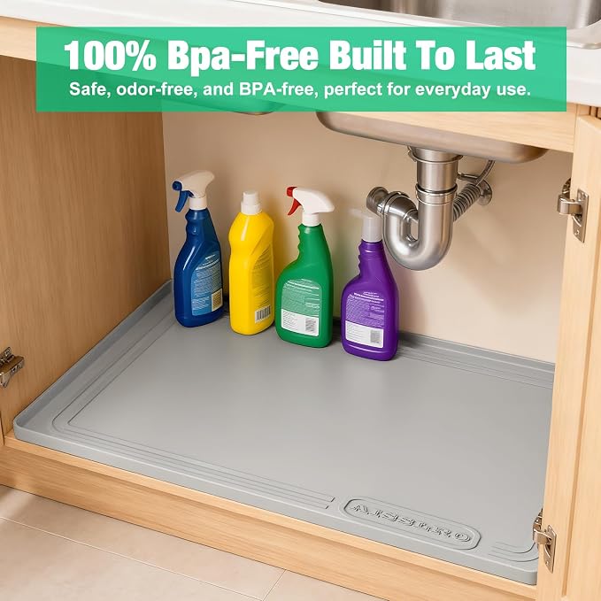 Under Sink Mat 22" X 19", Waterproof Silicone Cabinet Kitchen Liner, Gray | BPA-Free Raised-Edge Cabinet Protector & Leak Tray for Bathroom Cabinets, Boots, Pet Feeding Dog & Cat Mats, Dishwasher Safe