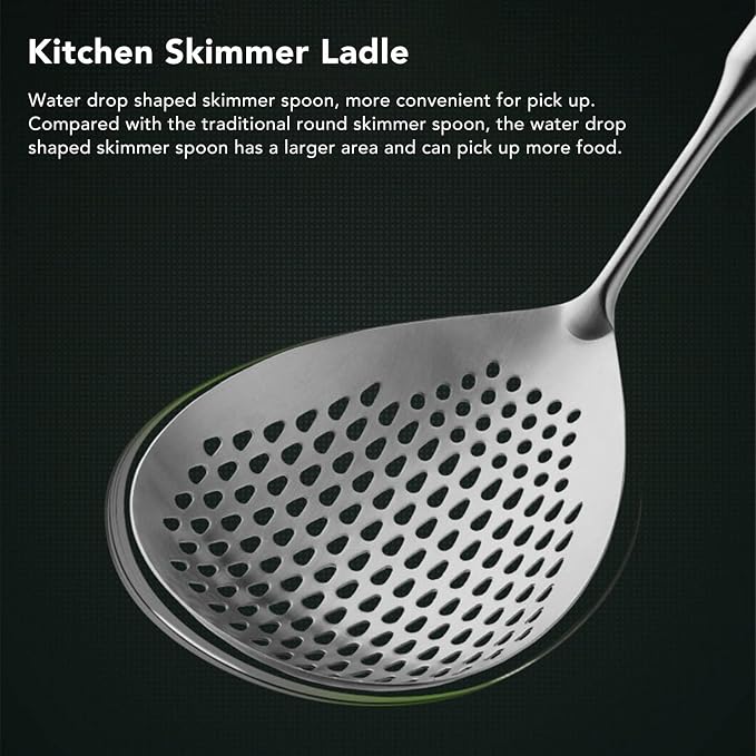 Skimmer Ladle, 304 Stainless Steel Slotted Spoon, Long Handle, Large Capacity, 15.7x5.7 Inch, Silver