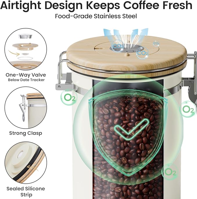 Veken Coffee Canister with Window, Airtight Stainless Steel Container, 22OZ | Gifts For Women, Kitchen Food Storage for Beans,Ground,Espresso,Rice,Tea, Sugar, Cereal, Lids,Jars, Scoop, Cream