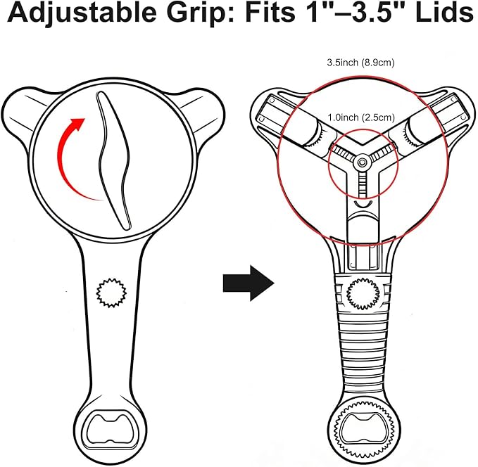 4-in-1 Adjustable Jar Opener, Universal Lid Remover with Non-Slip Handle, Kitchen Can Bottle Gripper Tool