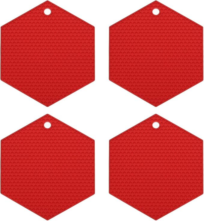uxcell 4pcs Silicone Trivet Mats Heat Resistant Silicone Pot Holders for Hot Pots and Pans, Non-Slip Hot Pads for Kitchen Hot Dishes Table Countertops, Red(Hexagonal)