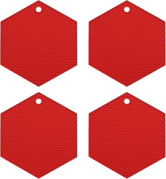 uxcell 4pcs Silicone Trivet Mats Heat Resistant Silicone Pot Holders for Hot Pots and Pans, Non-Slip Hot Pads for Kitchen Hot Dishes Table Countertops, Red(Hexagonal)