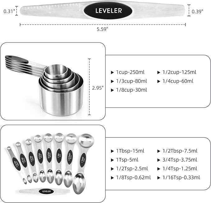 Magnetic Measuring Cups and Spoons Set, Stainless Steel, 14 Pcs | Food-grade 304 construction, strong N45 magnets, double-sided spoons, leveler included, for baking and cooking