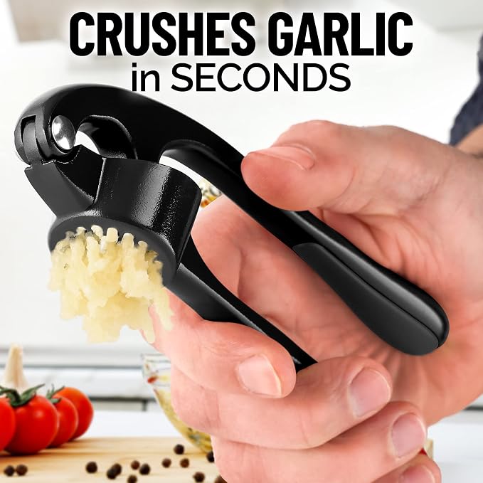 Zulay Kitchen Premium Garlic Press Set - Rust Proof Professional Garlic Mincer Tool - Easy-Squeeze, Easy-Clean with Soft, Ergonomic Handle - Silicone Garlic Peeler & Brush (Black)