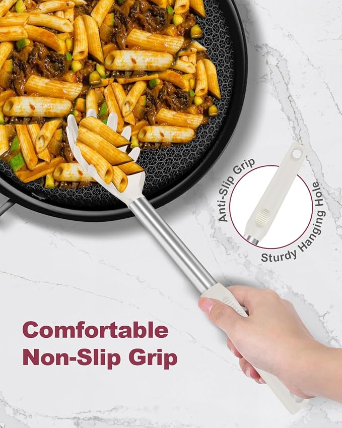 2-Piece Silicone Spaghetti Spoon and Pasta Tong Set, Heat-Resistant Non-Stick Noodle Server with Teeth, 13“ BPA-Free Spaghetti Strainer Fork, Stainless Steel Handle for Pasta Cooking, Beige