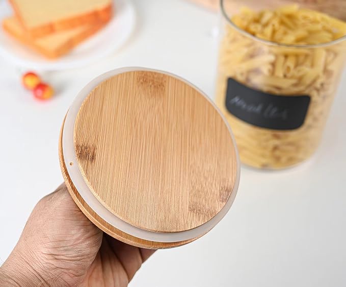 Le'raze Set of 2 Glass Canisters for Kitchen Counter with Airtight Bamboo Lids + Marker & Labels - 68oz. Large Cookie Jars Wooden Lid, Food Storage Containers Pantry, Flour, Sugar, Pasta, Candy.