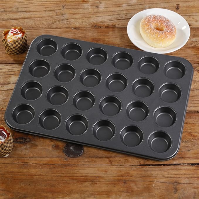 Nonstick 24 Cups Mini Muffin Pan with Extended Handles for Easy Grip, Carbon Steel Steel to Promoted Even Baking, Dishwasher Safe (Black)