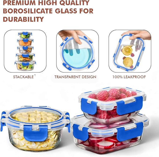Razab 30 PC Glass Food Storage Containers with Lids - Reusable Glass Meal Prep Containers for Lunch and Leftovers - Airtight & Leakproof Snap Locking Lids - Oven, Freezer, Microwave, Dishwasher Safe