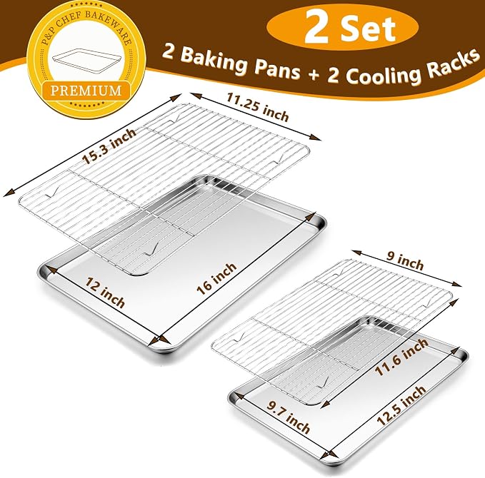 P&P CHEF 16 + 12.5 Inch Baking Sheet with Rack Set, Pans with Flat Racks | 2 Baking Sheets + 2 Cooling Wire Racks, Dishwasher & Oven Safe, Non-toxic & Lasting Use, Fit for Regular Oven