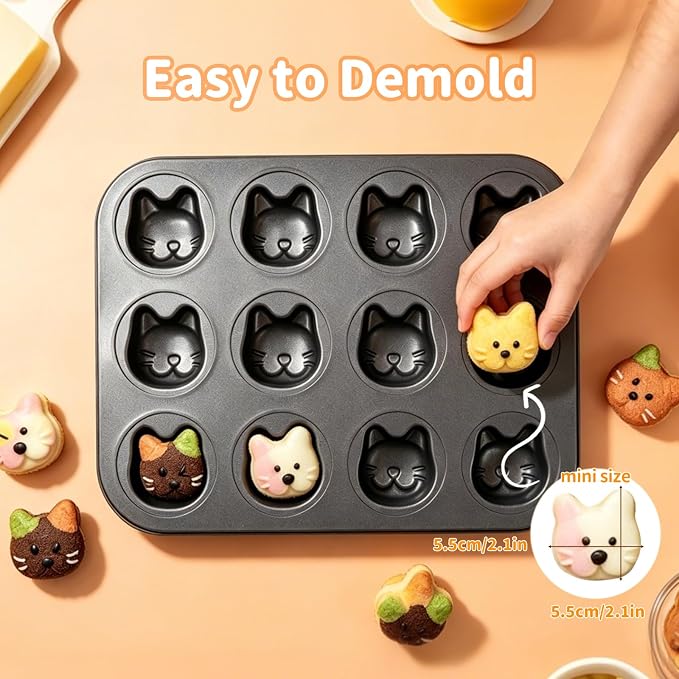 Mini Cat Shaped Muffin Pans, 12 Cavity Non-Stick Madeleine Mold Cake Pan, Mini Muffin for Edible Cat Cake Topper Decoration Shower Birthday Party Decorations