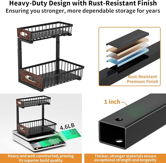 2-Tier Under Sink Organizer with Wooden Drawer Handle, 2 Pack Adjustable Height Pull Out Cabinet Organizer Shelf,Slide out Storage Drawer Rack for Kitchen Bathroom Laundry Room Pantry (Black)