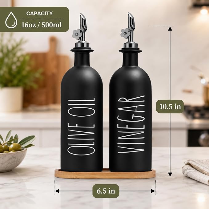 HOMCDALY 16oz Olive Oil Dispenser Bottles for Kitchen, Glass Black Oil&Vinegar Dispenser Set, Kitchen Olive Oil Bottles with Bamboo Tray| Set of 2 (16oz-P-Black)