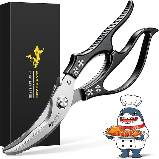 MAD SHARK Professional Heavy Duty Poultry Shears - Kitchen Shears for Spatchcocking Chicken and Meat Cutting, Multi-Purpose Kitchen Scissors for Food, Spring-loaded (Black)