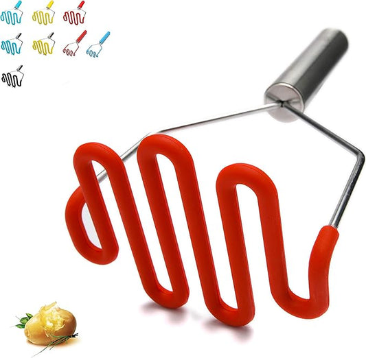 Jell-Cell Potato Masher - Silicone Protect Body with Premuim Stainless Steel Non Scratch Cookware for Smooth Mashed Potato Vegetables and Fruits Color Red