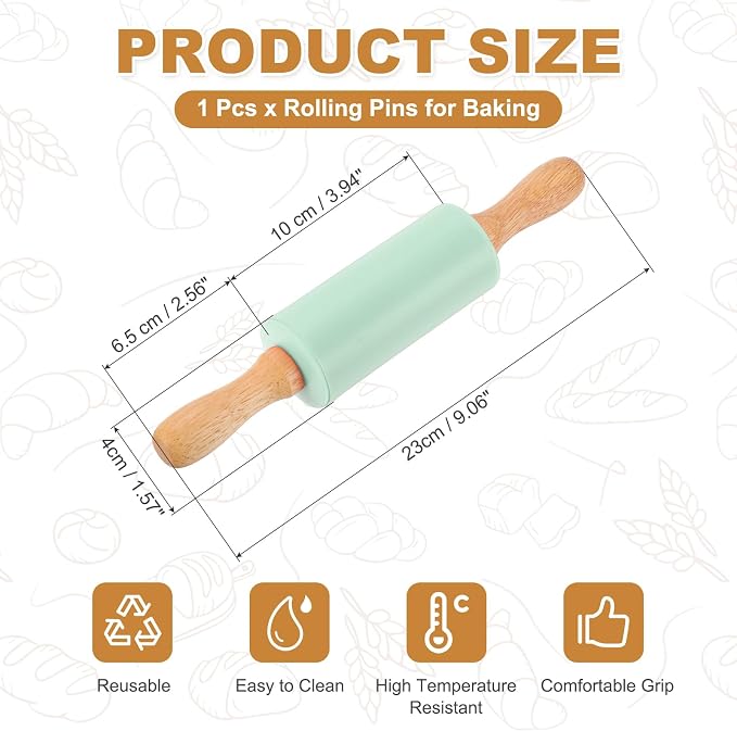 uxcell Rolling Pins for Baking, 9 Inch Silicone Non-Stick Rolling Pin Baking Roller Wooden Handle for Home Kitchen Dough Cookies Pastry, Light Green