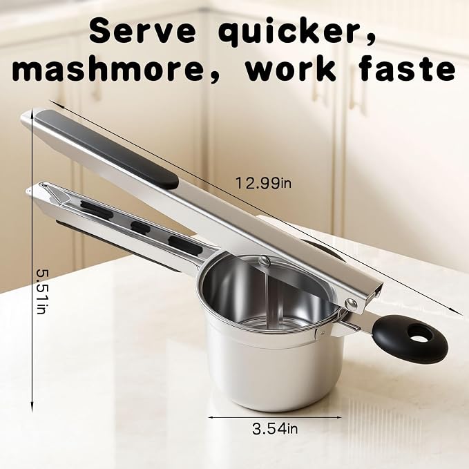 15oz Stainless Steel Potato Ricer - Heavy Duty Mashed Potato Ricer with Silicone Grip, Dishwasher Safe Professional Kitchen Tool for Perfect Mashed Potatoes & Purees