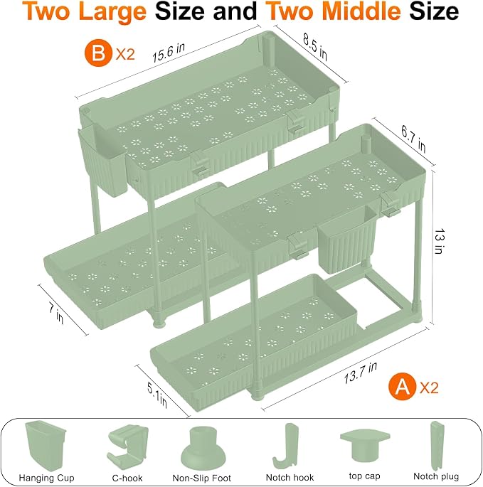 4-Pack 2-Tier Under Sink Organizer with Pull Out Drawers | Multi-use kitchen & bathroom storage. Includes hanging hooks and cups. Green, space-saving cabinet design. 12.8 Inch