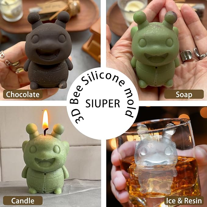 3D Bee Ice Cube Silicone Molds Tray for Whiskey, Cocktail, Drink, Bar; Rich Details. Fun Animal Mold for DIY Craft Taba Squishy Chocolate Soap Candle Resin Gift for Women Girls Boys; 2 Pack